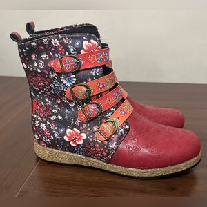 Rosy Red Floral Strap-Front Boots Women Size 9.5